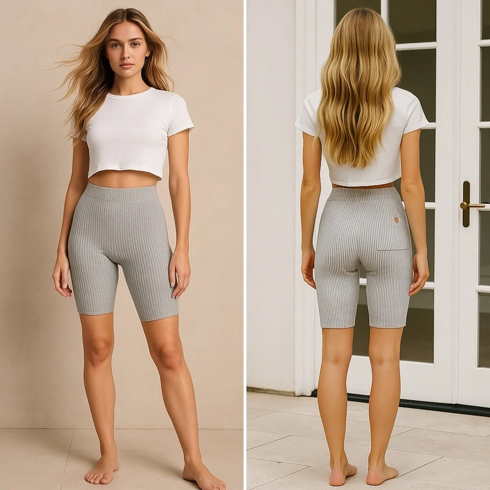 LUNYA Cozy Cotton Silk Ribbed Bike Short Medium Grey Heather Pocket Medium NEW - Picture 1 of 12